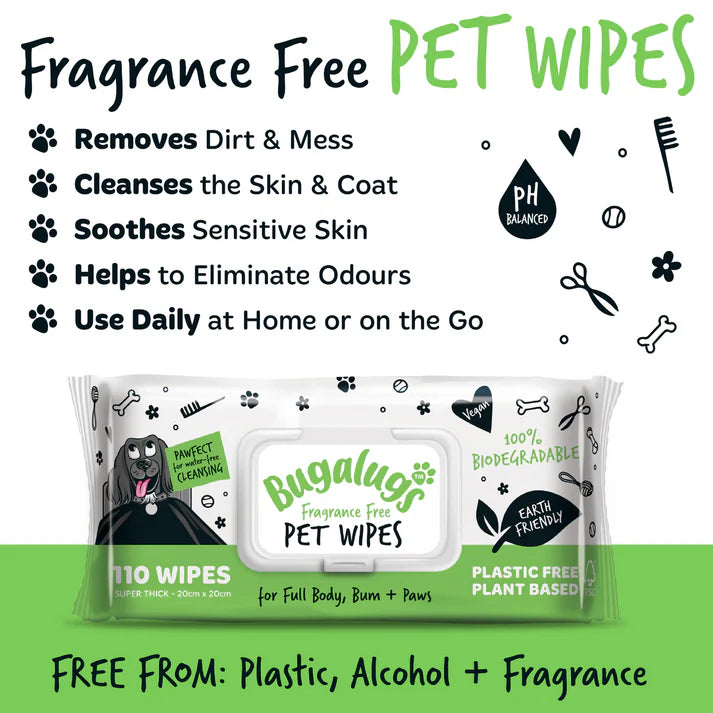 Bugalugs Fragrance Free Biodegradable Dog Wipes 110 WIPES