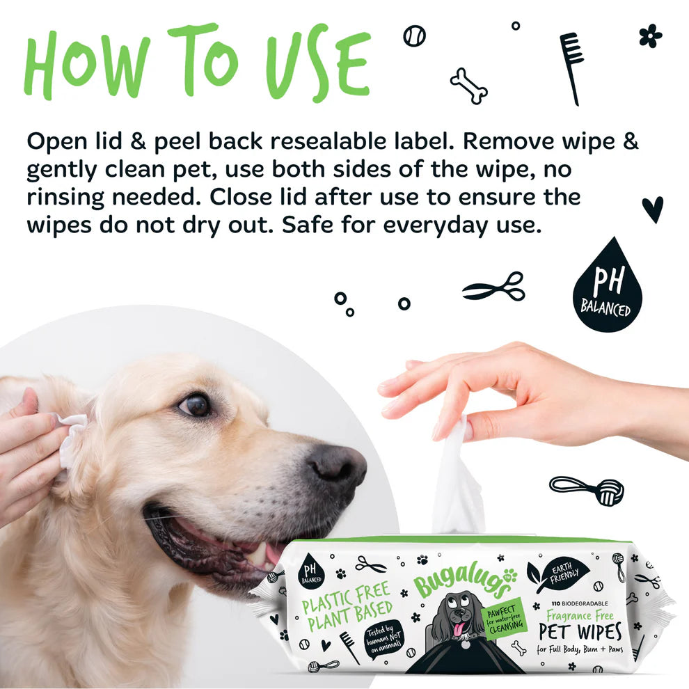 Bugalugs Fragrance Free Biodegradable Dog Wipes 110 WIPES