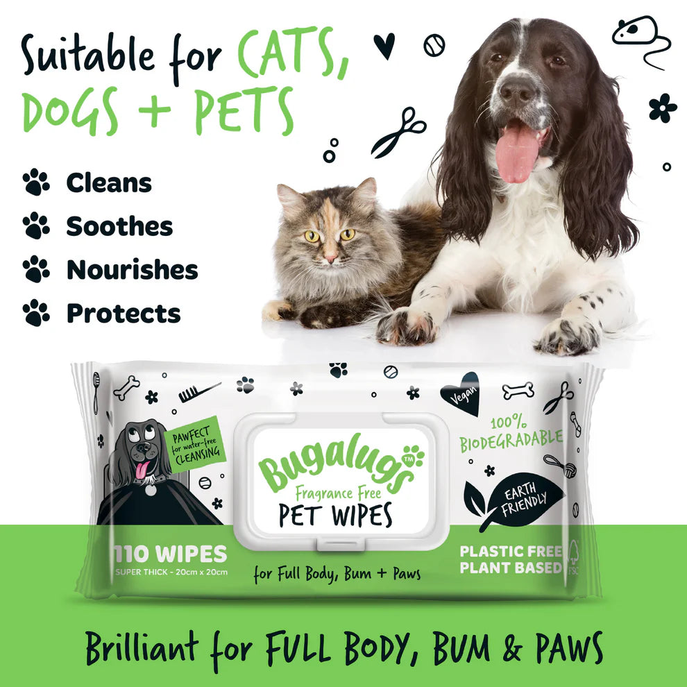 Bugalugs Fragrance Free Biodegradable Dog Wipes 110 WIPES
